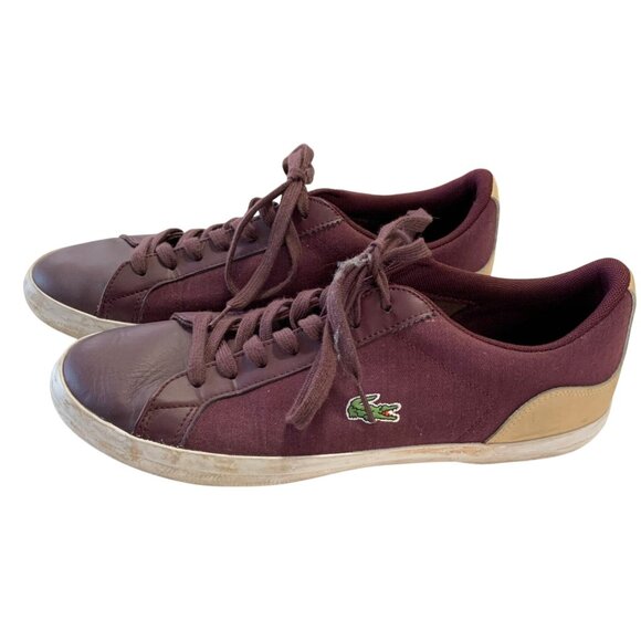 Lacoste Mens 10 LeRond Burgundy Tan Flat Sneaker Shoes Lace Tie Up Low Top - Picture 3 of 4